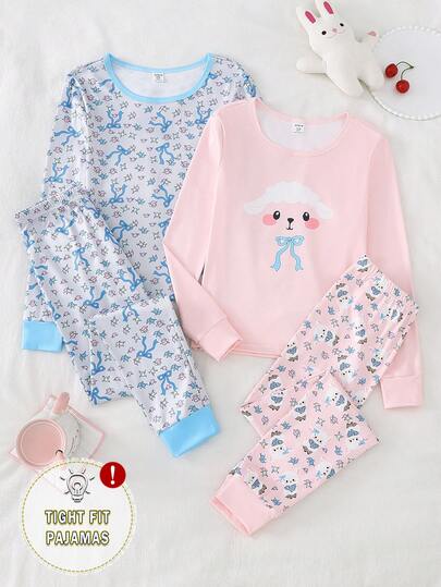 4件套女童爱心豹纹长袖上衣和紧身裤睡衣套装