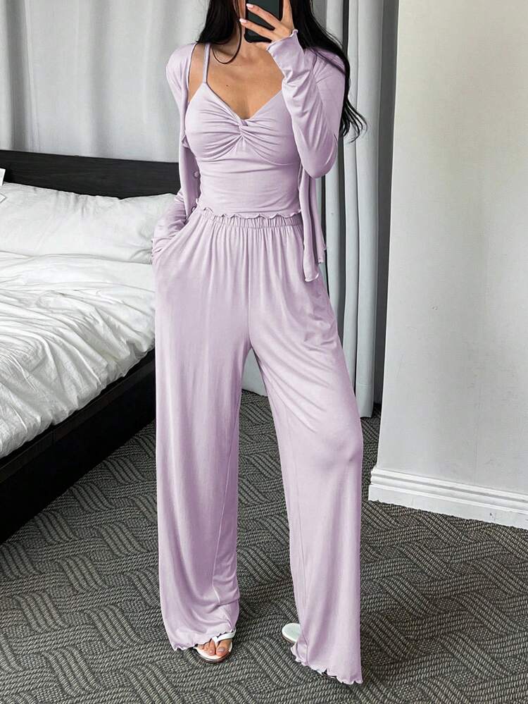 3pcs Solid Color Knit Twist Design Camisole Cardigan & Pants Women Pajama Set