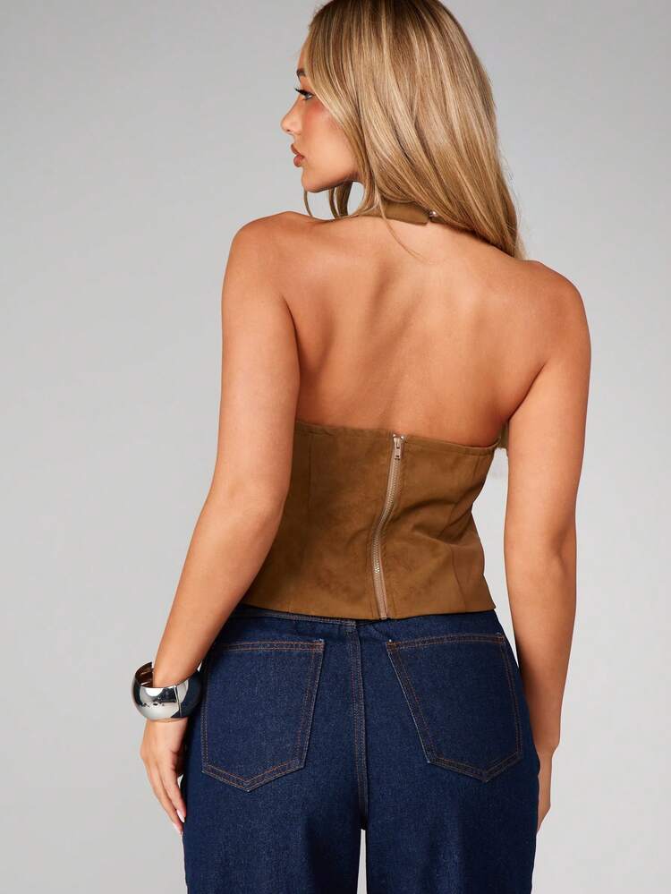 MISSGUIDED Halter Neck Draped Suede Top With High Neckline And Sleeveless Design For Fall Winter