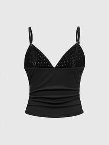 ROMWE Grunge Punk Áo kiểu nữ cỡ lớn gợi cảm phong cách Punk tối màu với đinh tán và các mảng vải ghép lại. - màu đen - Xem 2