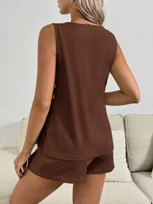 SHEIN 休闲纯色孕妇背心和可调节腰带短裤两件套 - 棕色 - 查看 2
