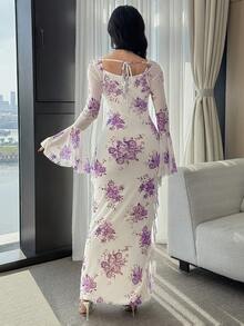 Modelyn Đầm nữ thanh lịch in hoa, cổ hình trái tim, tay xòe, thích hợp cho mùa thu. - Nhiều màu - Xem 3