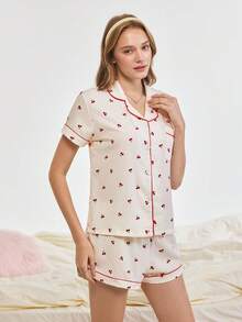 Bonmuse Cherry Printed Sweet Sleepwear Set With Lapel Button Up Top And Bowknot Shorts For Womenfor Summer - Apricot - View 6