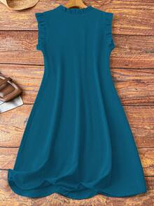 Linhara Ärmelloses Kleid in Große Größen für Damen mit V-Ausschnitt und Rüschenkanten an Ärmeln und Ausschnitt, lässig und bequem für den täglichen Gebrauch