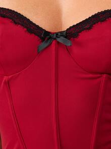 MISSGUIDED Stretch Jersey Corset Sweetheart Neckline Mini Dress With Lace Trim Black Bow Detail Ruched Bodycon Evening Party Night Out Fitted Adjustable Straps - Red and Black - View 4