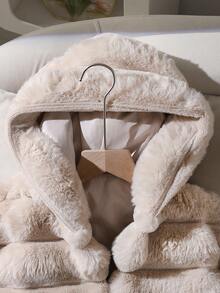 SHEIN 1pc Girls Soft Faux Fur Jacket, Elegant Long Sleeve Short Fitted Hooded Coat, Suitable For Autumn/Winter - Apricot - View 7