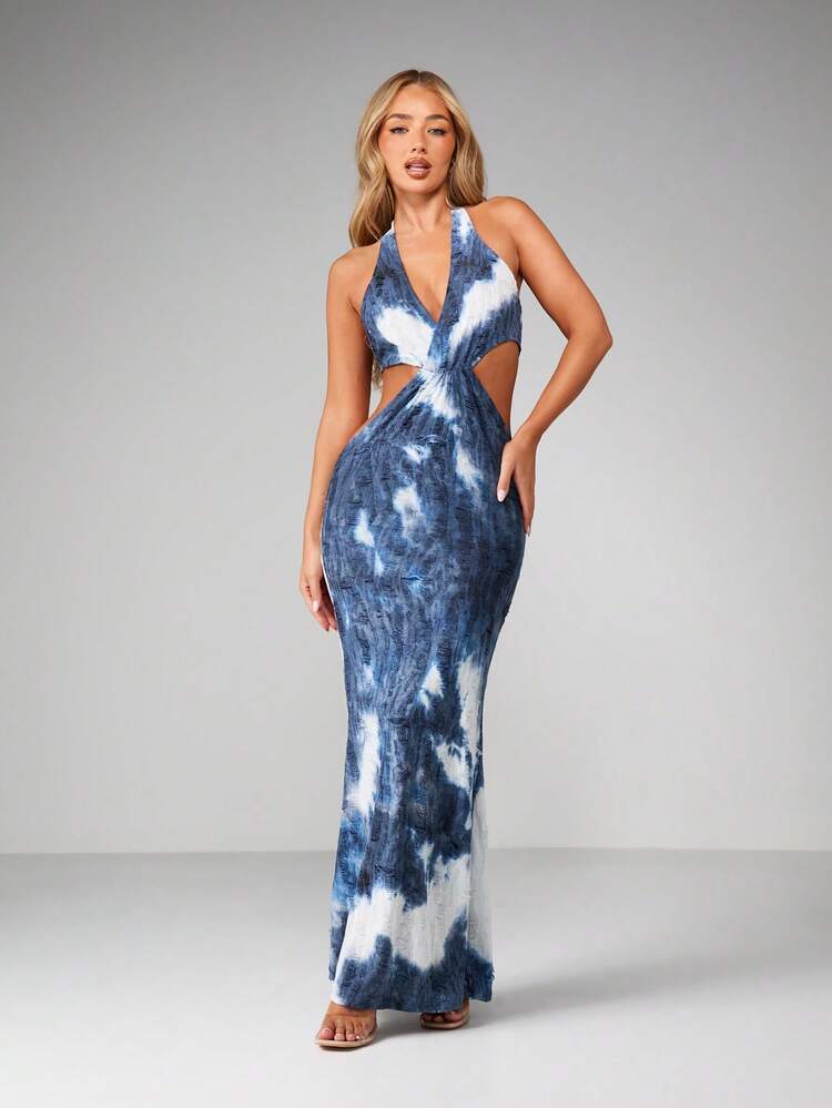 MISSGUIDED Distressed Tie Dye Maxi Dress With Plunging Halter Neckline Cut Out Back Detail Jersey Fabric Summer Beach