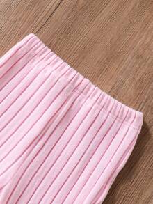 SHEIN 少女罗纹纯色连帽长袖上衣和喇叭裤两件套 - 淺粉色 - 查看 5