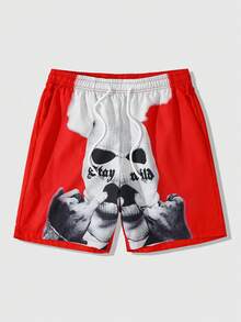 ROMWE MEN Goth 男士印花抽绳腰带口袋宽松休闲短裤 - 紅色 - 查看 1