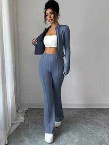 INAWLY Women's Tight-Fitting Zip-Up Cropped Top Jacket With Mandarin Collar And Flared Pants 2-Piece Set - Blue - View 7