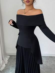SHEIN Elenzya 2件套女士优雅浪漫褶皱露肩衬衫和裤子商务套装 - 黑色 - 查看 4