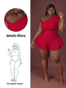 CurvyTilda Bộ đồ đôi Maweii Plus Size hở vai và quần culot bất đối xứng cho nữ ngày lễ tình nhân thường ngày hẹn hò tiệc hòa nhạc năm mới mùa xuân hè mùa tốt nghiệp trang phục mùa hè xanh cho nữ ngày lễ thánh Patrick - Đỏ - Xem 1