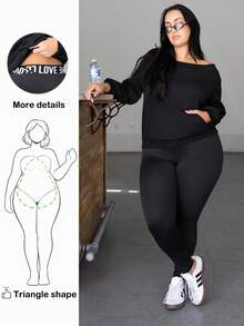 Truni 大码女式休闲字母腰带打底裤 - 黑色 - 查看 1