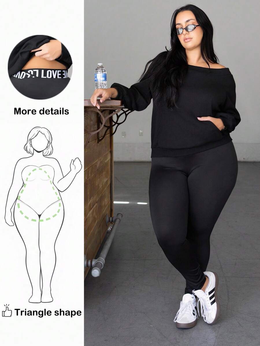 Truni 大码女式休闲字母腰带打底裤 - 黑色 - 查看 1