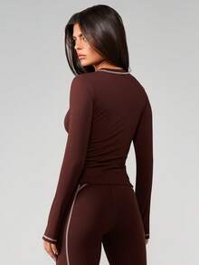 MISSGUIDED Contrast Seam Detail Long Sleeve Fitted Top With Sheer Mesh Panels And High Neckline For Layering - Coffee Brown - View 2