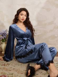 Côtesoire Women's Solid Color Velvet Lace Patchwork Long Sleeve Pajama Set - Dusty Blue - View 7