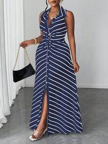 Maweii Vestido casual de punto con diseño de rayas y retorcido para mujer de talla grande - Azul Marino - Ver 5