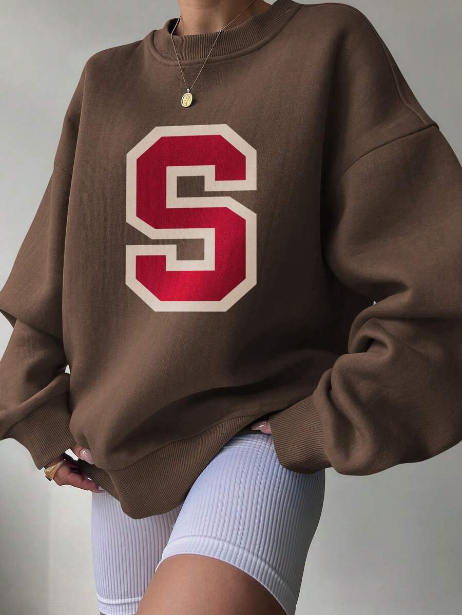 INAWLY Women's Letter Print Round Neck Drop Shoulder Long Sleeve Casual Loose Sweatshirt - Coffee Brown - View 1