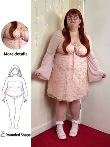 Enliva Vestido de línea A con manga de campana, con bordado floral romántico de malla para mujer de talla grande, color rosa, para vacaciones de primavera - Rosa Pálido - Ver 1