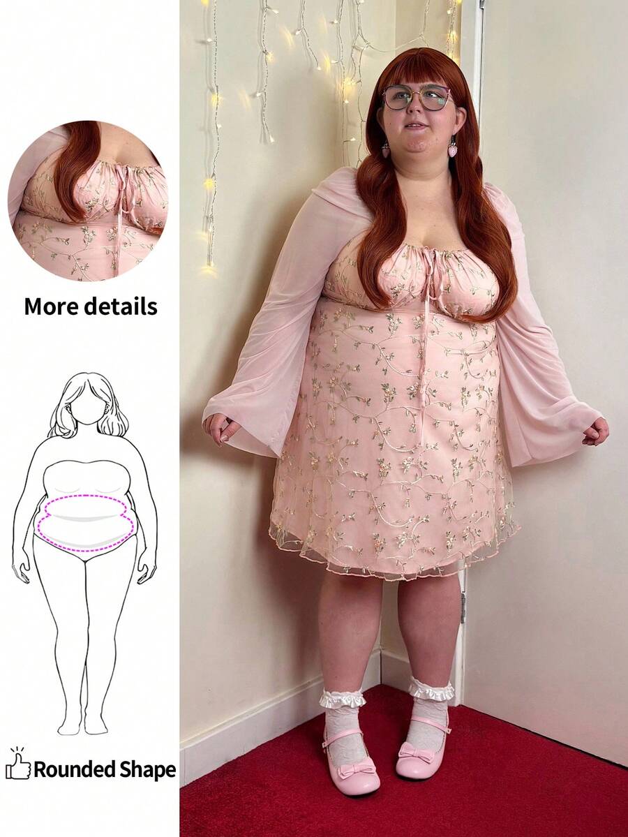 Enliva Vestido de línea A con manga de campana, con bordado floral romántico de malla para mujer de talla grande, color rosa, para vacaciones de primavera - Rosa Pálido - Ver 1