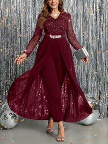 Ellevyn Plus Size Women's Elegant V-Neck Patchwork Sheer Mesh Long Sleeve Rhinestone Decor Cinched Waist Overlay Jumpsuit