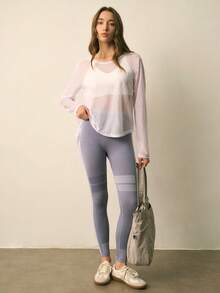 With My Calm Solid Color Round Neck Sheer Back Fashion Long Sleeve Sports T-Shirt - White - View 4