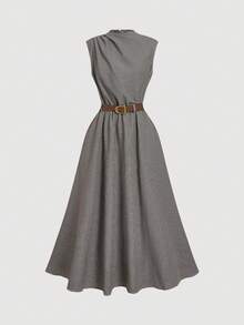 SHEIN MOD 女士格子无袖连衣裙（含腰带），优雅大方，适合派对、商务场合、新年、秋冬季穿着。 - 摩卡棕 - 查看 2