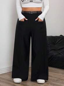 Hourglow Dollyholly86 Damen Loose Fit Gerade Bein Lässig Hose in Unifarbe für Sanduhrfigur, Große Größen - Schwarz - Übersicht 7