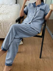 SHEIN Bubble Crinkle Patchwork Short Sleeve & Pants Women Pajama Set - 藍白色 - 查看 4