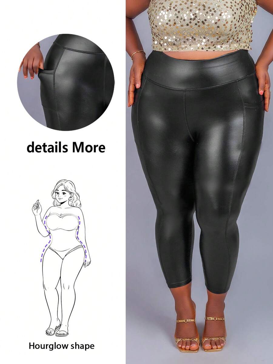 CurvyTilda Collants noirs avec poches pour femmes grandes tailles, minimalistes, adaptés pour Noël, Thanksgiving, la Saint-Valentin, leggings, taille haute, collants, déplacements, vacances, soirées, sport, poches, pantalons, usage quotidien, déplacements, tenue de travail, pour l'hiver - Noir - Voir 1