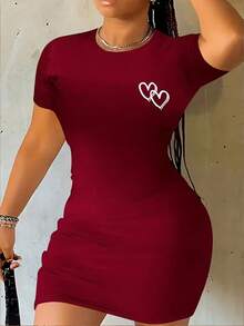 EMERY ROSE 女士休闲日常通勤海滩度假爱心印花修身短连衣裙，夏季