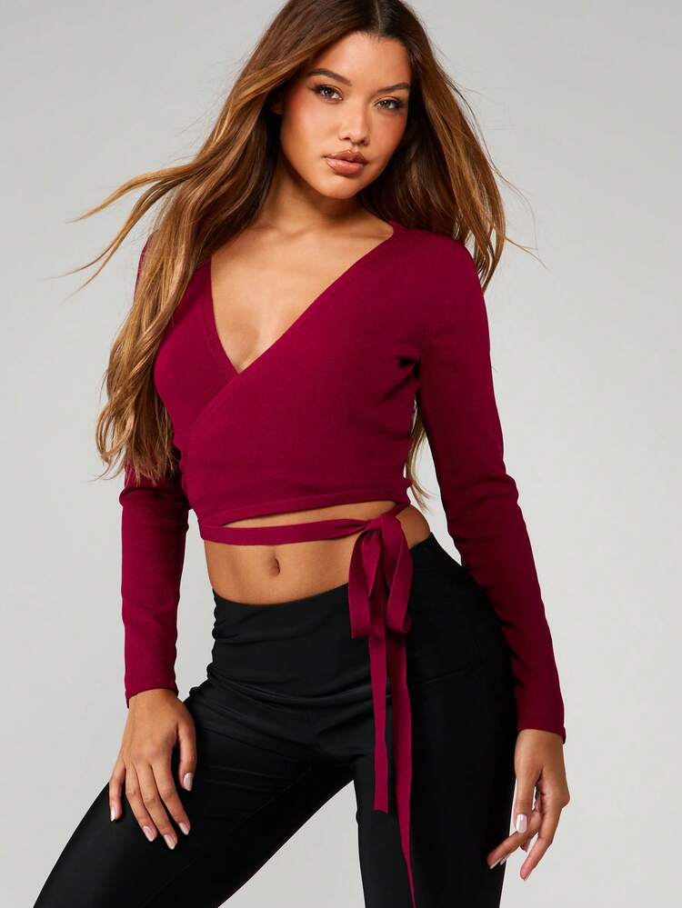MISSGUIDED Lightweight Ribbed Wrap Cardigan Long Sleeve Cropped V-Neck Tie Waist Knit Sweater Fall Winter Layering Top