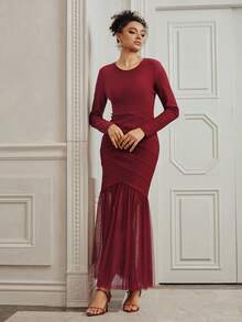 Anewsta Vestido ajustado de mujer con parches de malla elegante - Burdeos - Ver 3