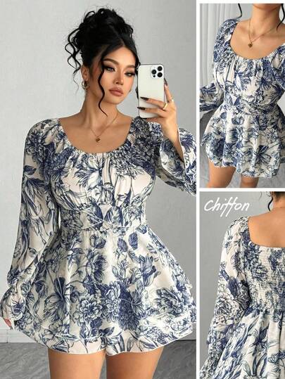 Elenzga Plus Size Women's Elegant Dual-Color Embossed Floral Print Chiffon Double-Layer Jumpsuit Dress, Shirred Backless Design, Cinched Waist, A-Line Silhouette, Flattering & Slimming, Suitable For Weddings, Galas, Elegant Occasions, New Year, Back To School, Graduation, Holidays, Valentine's Day, Music Festivals, Mother's Day, Halloween, Thanksgiving, Easter, National Day, Dances, Dates, Parties, Outings