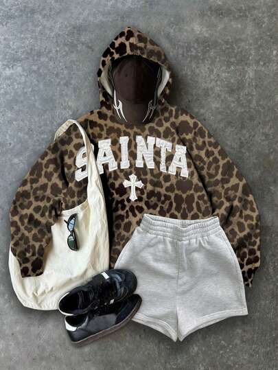 Manfinity Men's Leopard Print Long Sleeve Creative Cross Pattern Fashionable Hoodie