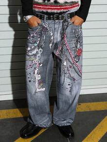 Manfinity EMRG Men's Fashion Street 3D Digital Print Straight Leg Jeans - Black - View 1