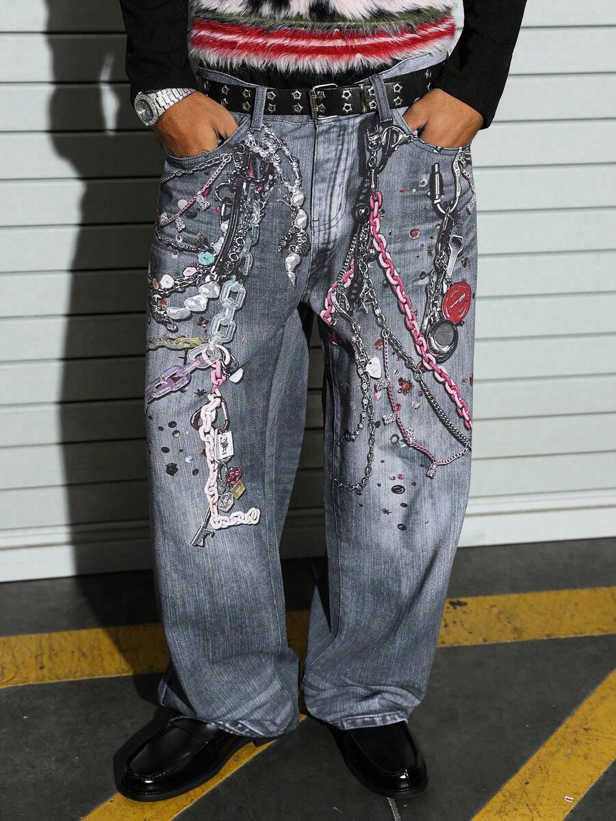 Manfinity EMRG Men's Fashion Street 3D Digital Print Straight Leg Jeans - Black - View 1