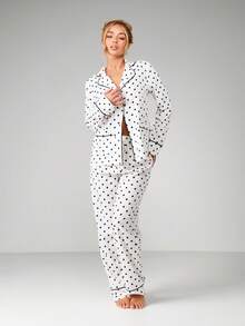 MISSGUIDED Long Sleeve Button Front Polka Dot Pajama Set With Classic Collar And Matching Pants For Comfortable Loungewear Sleep - White - View 4