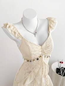 Comfortcana 女士花卉蕾丝甜心领短袖优雅蕾丝连衣裙 - 杏色 - 查看 5