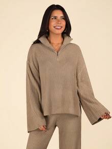 Coeurva 2pcs Women Casual Khaki Zip-Up Drop Shoulder Sweater And Knit Pants Set, Autumn/Winter,Fall - Khaki - View 2