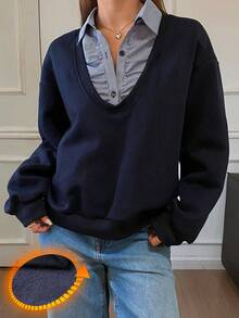 DAZY Sweatshirt Kasual Wanita Lengan Panjang Longgar Kerah Lipat Motif Garis-Garis Patchwork Fleece 2 in 1, Musim Gugur/Dingin - Biru - View 1