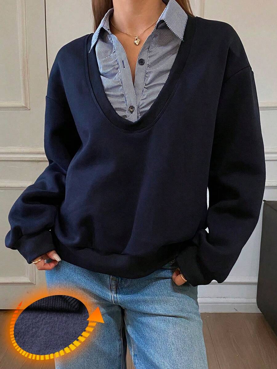 DAZY Sweatshirt Kasual Wanita Lengan Panjang Longgar Kerah Lipat Motif Garis-Garis Patchwork Fleece 2 in 1, Musim Gugur/Dingin - Biru - View 1