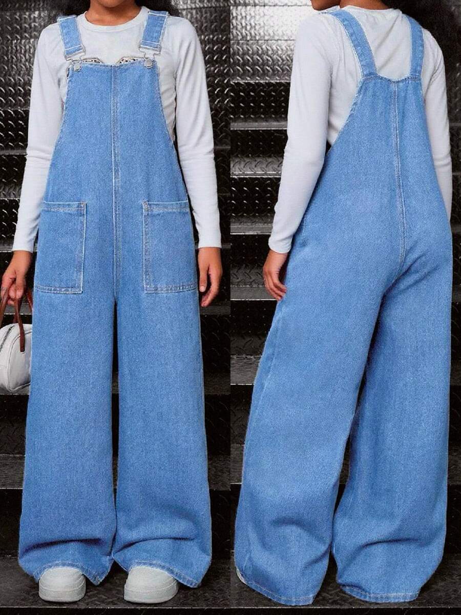 SHEIN Tween女孩休閒純色水洗寬鬆無袖細肩帶寬腿牛仔連身褲吊帶褲直筒褲(不含T恤),女童返校季返校服裝,純色優雅簡約百搭喇叭褲,秋冬季服飾套裝,Tween女孩返校街頭風穿搭,舒適百搭,適合8-12歲女孩,適用於學校、居家與旅行 - 淺色水洗藍 - 查看 1
