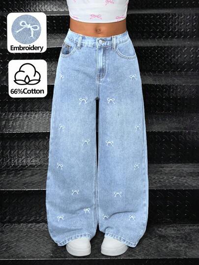 SHEIN Tween Girl Y2K Light Washed High Waist Bowknot Flowers Embroidered Pocketed Cute Oversized Wide Leg Jeans Casual Baggy Jeans, Fall Winter Back To School Homecoming Jeans, Pants Streetwear Vintage,Comfortable And Versatile, For 8-12 Years Old, Suitable For School, Home And Travel,EMBROIDERY JEANS WIDE LEG PANTS