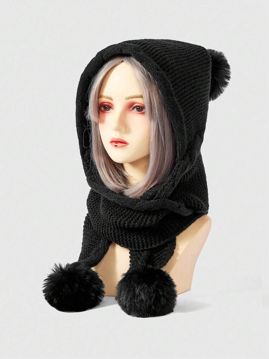 ROMWE Kawaii 韩版女士针织帽带围巾秋冬可爱绒球耳罩厚保暖帽 - A - 查看 1