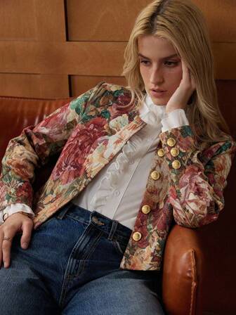 Écloséra Women's Retro Vintage Palace Rose Jacquard Metal Single-Breasted Cropped Jacket