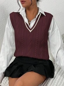 Chiquease 女士休闲撞色滚边针织背心，秋冬季 - 中紫紅色 - 查看 3