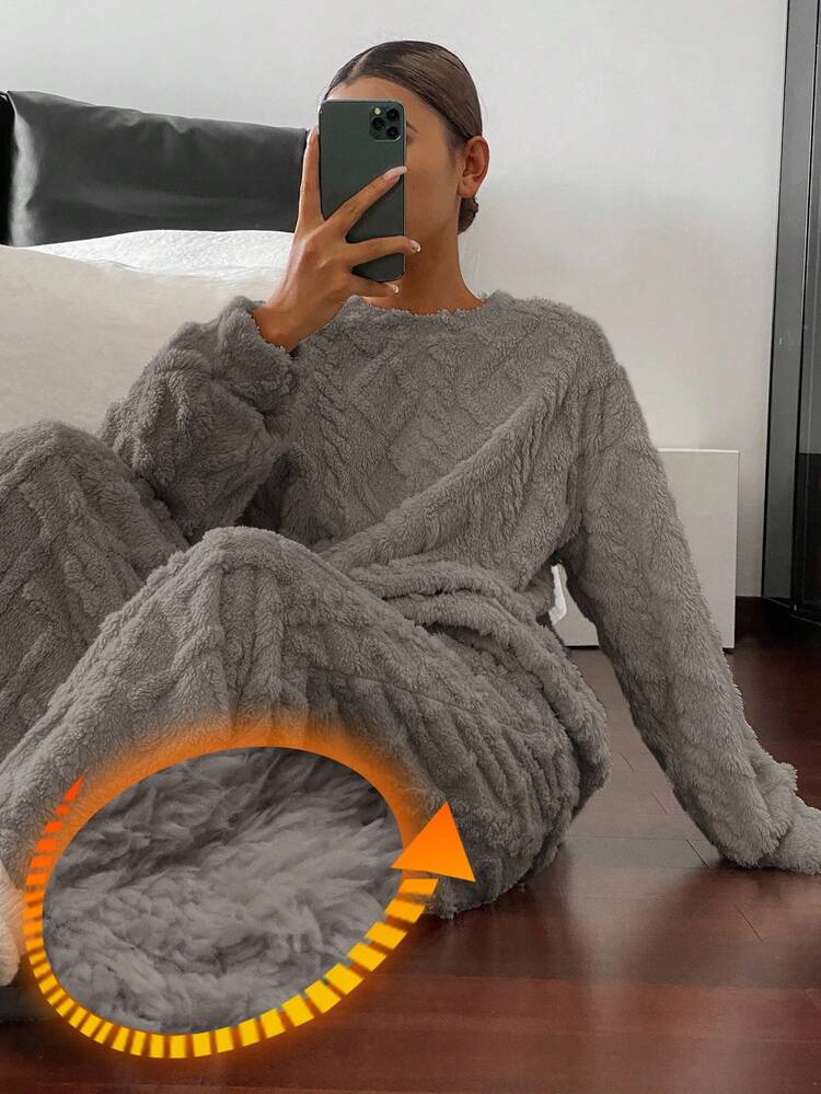 2pcs Women's Textured Fleece Thick Loose Long Sleeve Top And Pants Pajama Set, Winter