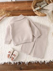 SHEIN Ensemble Top pull croisé col vintage et pantalon droit assorti pour bébé fille. Tenue confortable et élégante pour bébés et tout-petits, adaptée aux sorties et à la maison, automne/hiver
