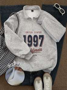 Attitoon Women's Loose Half-Zip High Neck Fleece Sweatshirt, Suitable For Autumn/Winter, Vintage, American Casual Style, 1997 Print,Fall,Chic,Grey, - Grey - View 6